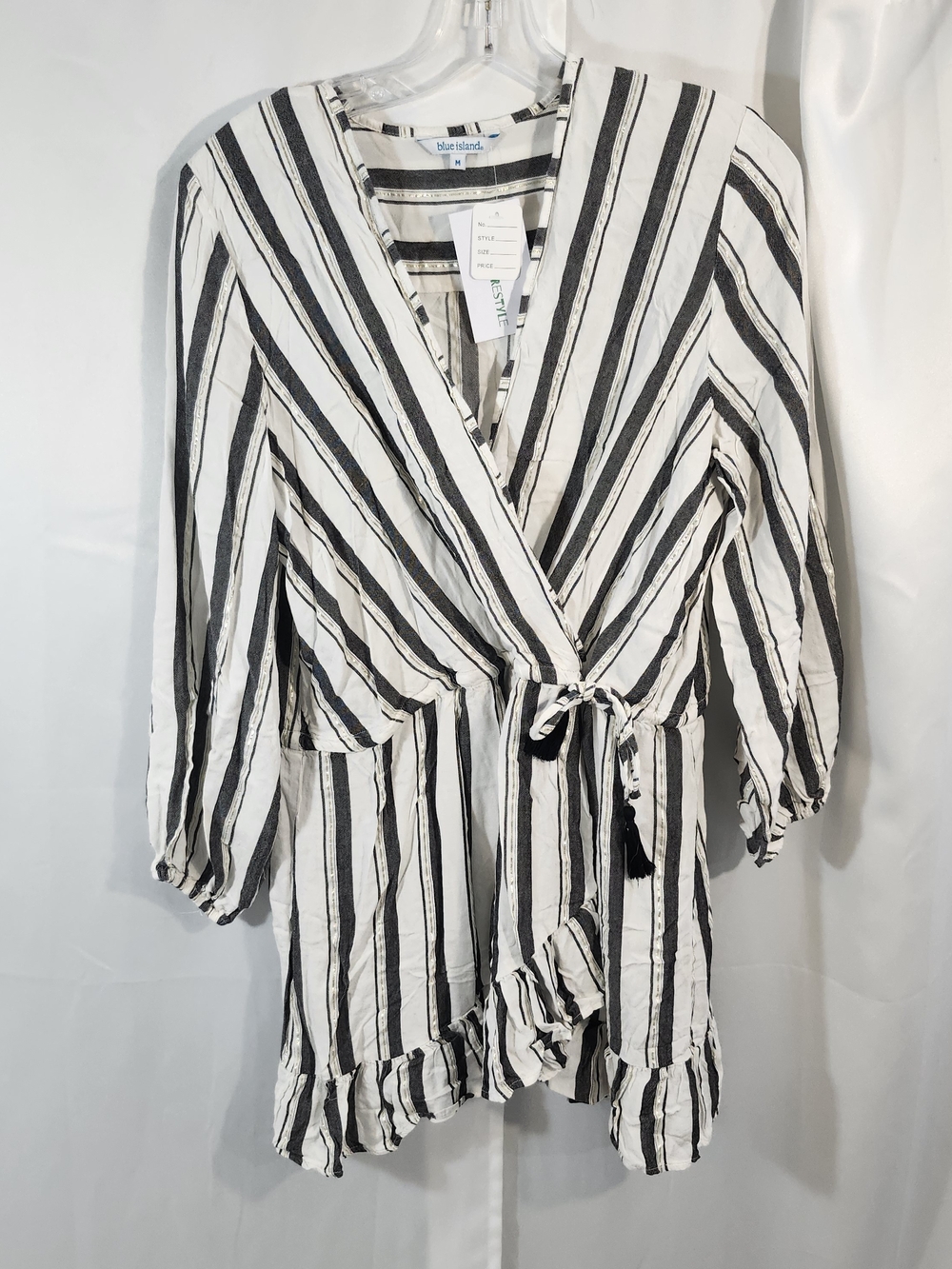 Blue Island Black & White Striped Wrap Dress
